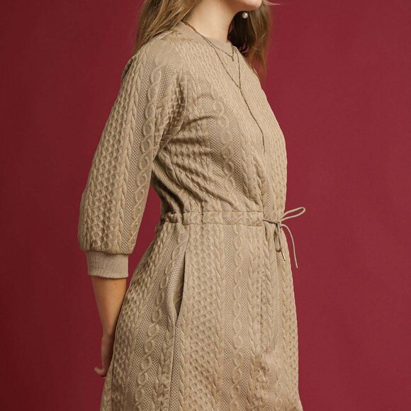 Umgee Drawstring Cable Knit Mini Dress with Pockets - Picture 2 of 5